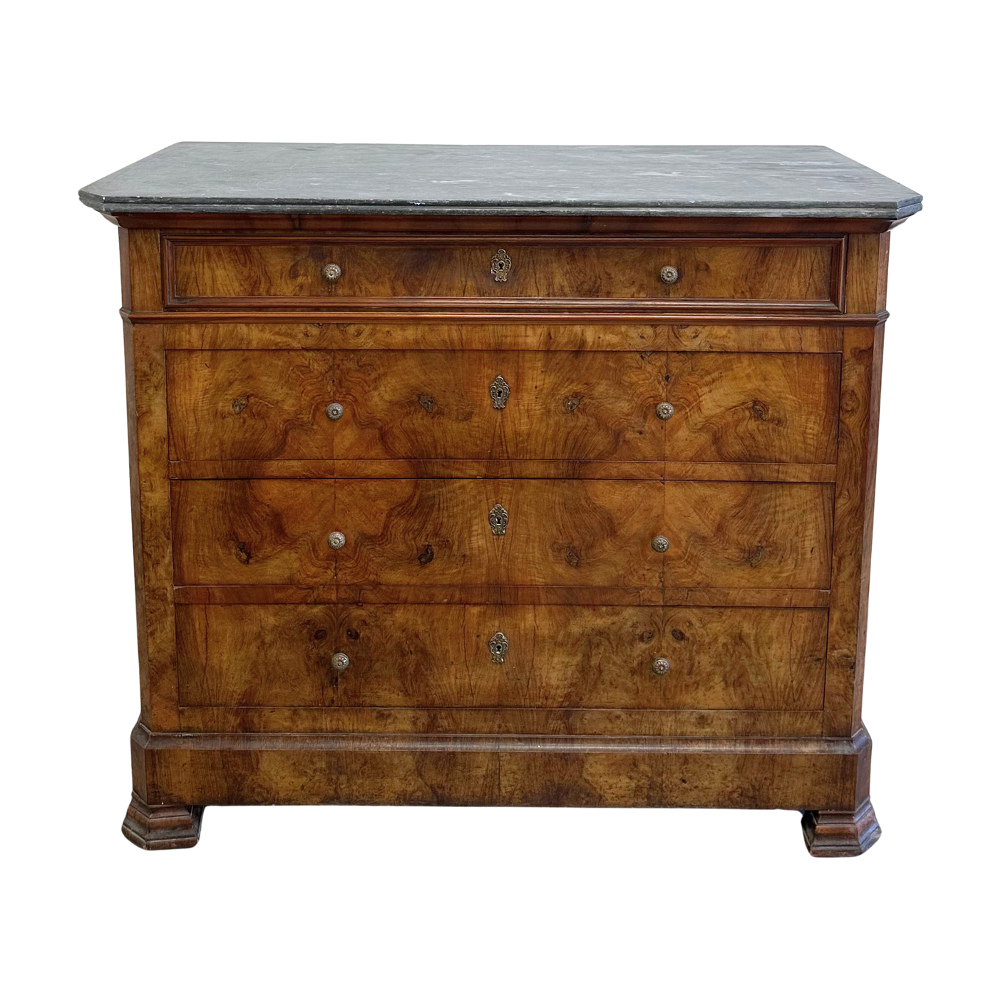 Antique Louis Philippe Burlwood 4-Drawer Commode