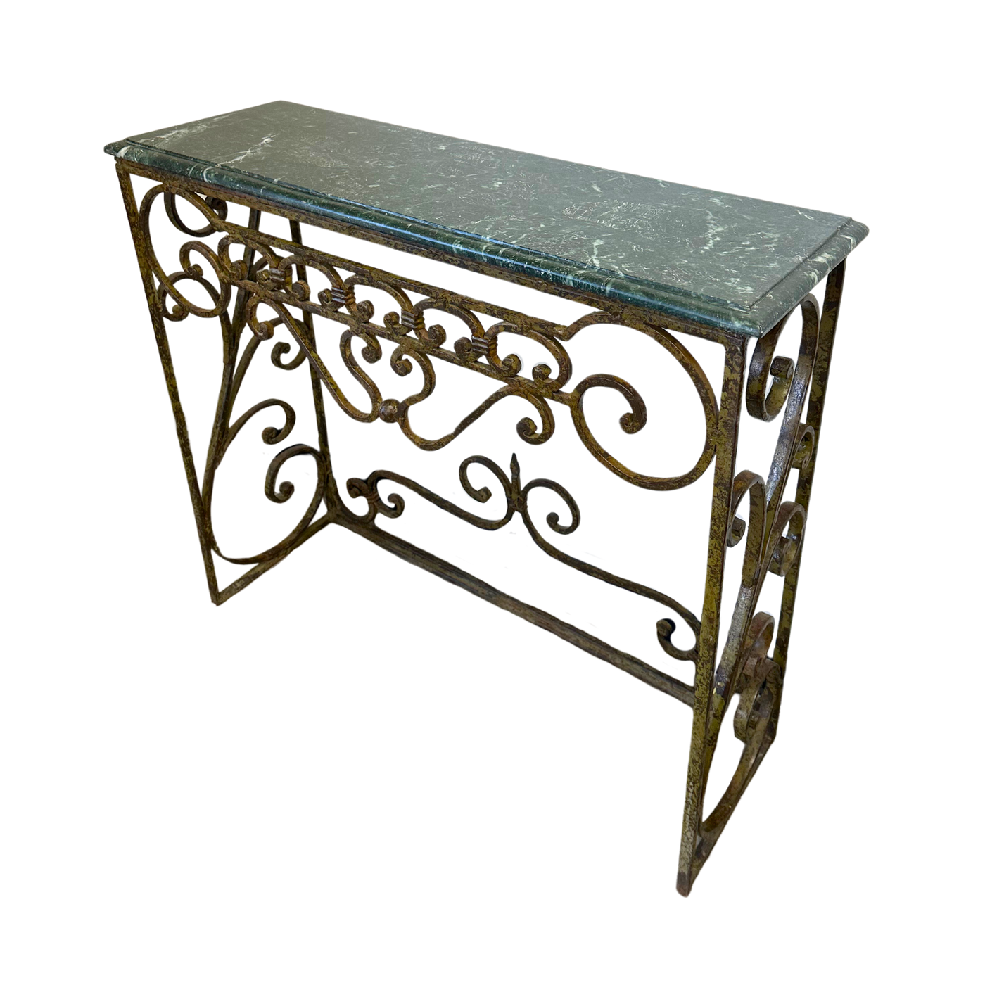 Pair of Iron Console Tables with Green Marble Tops