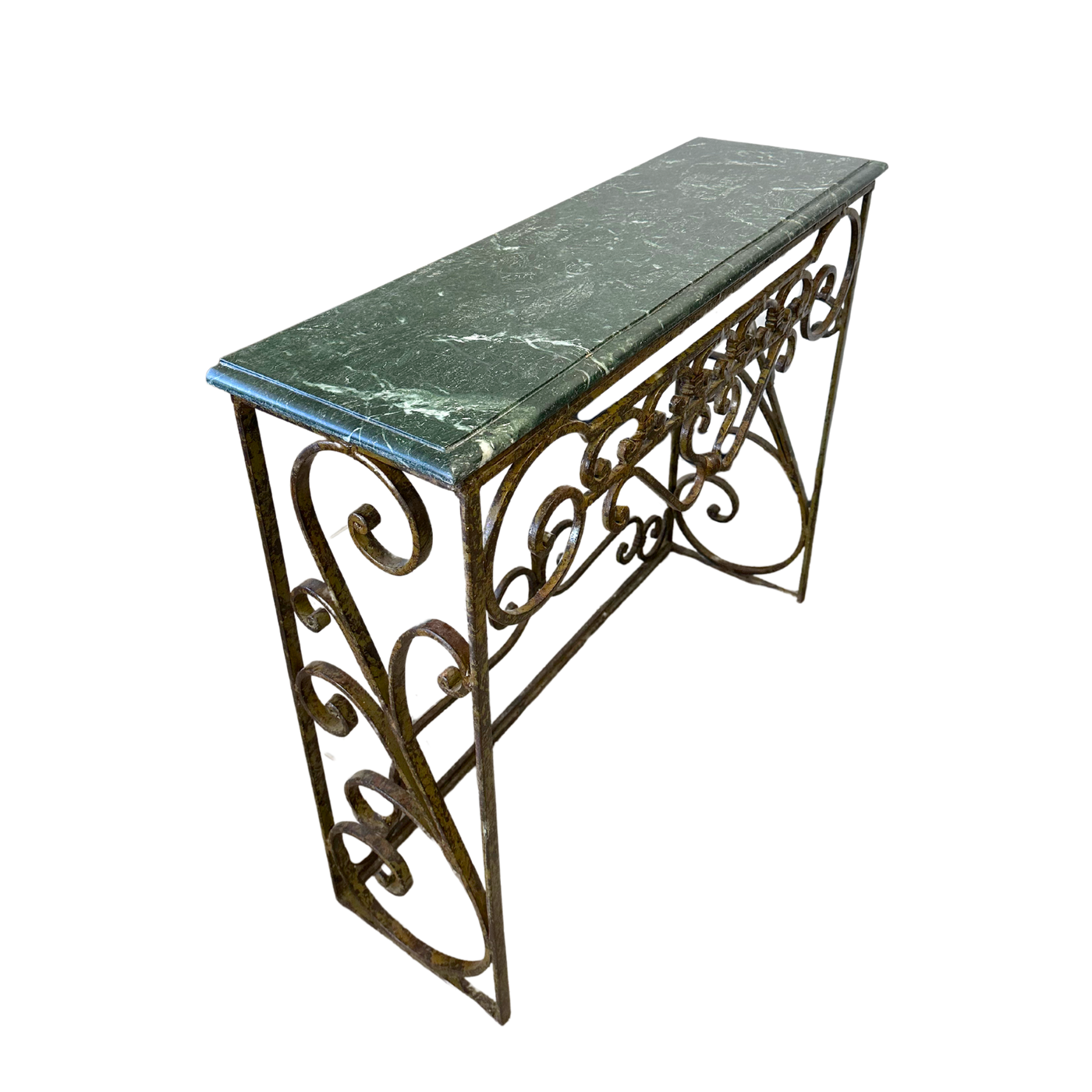 Pair of Iron Console Tables with Green Marble Tops