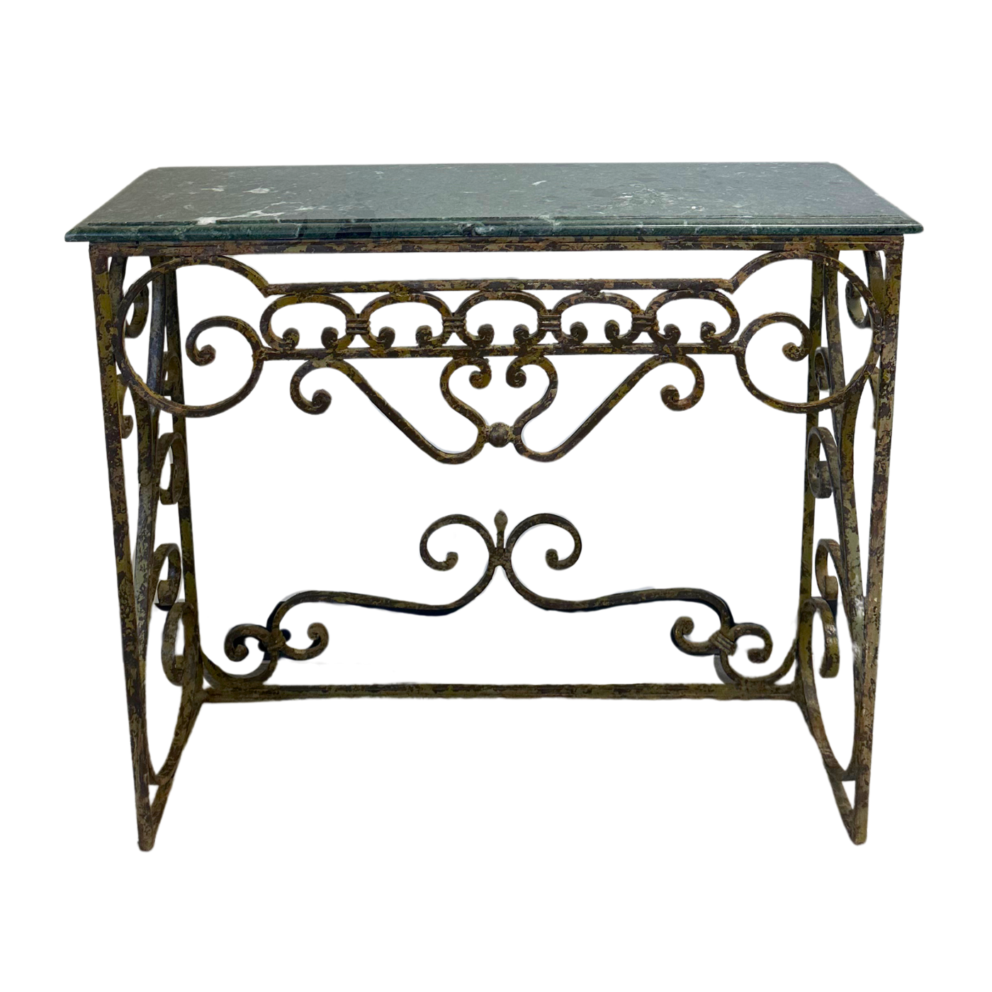 Pair of Iron Console Tables with Green Marble Tops