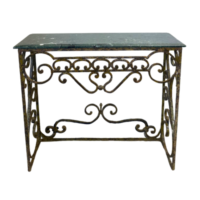 Pair of Iron Console Tables with Green Marble Tops