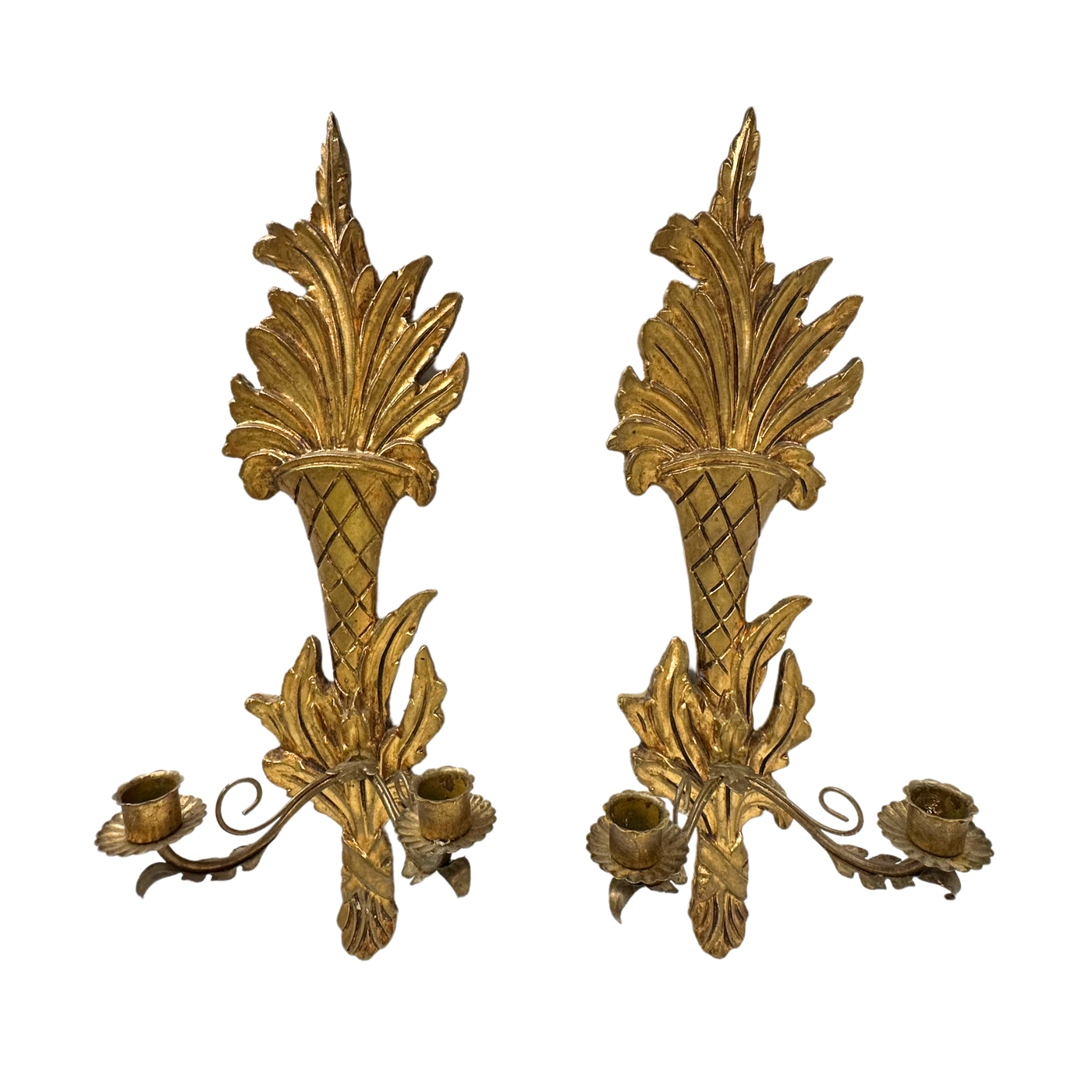 Pair of Vintage Italian Gilded Wall Sconce Candlestick Holders