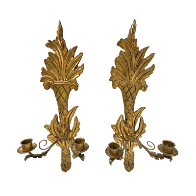 Pair of Vintage Italian Gilded Wall Sconce Candlestick Holders