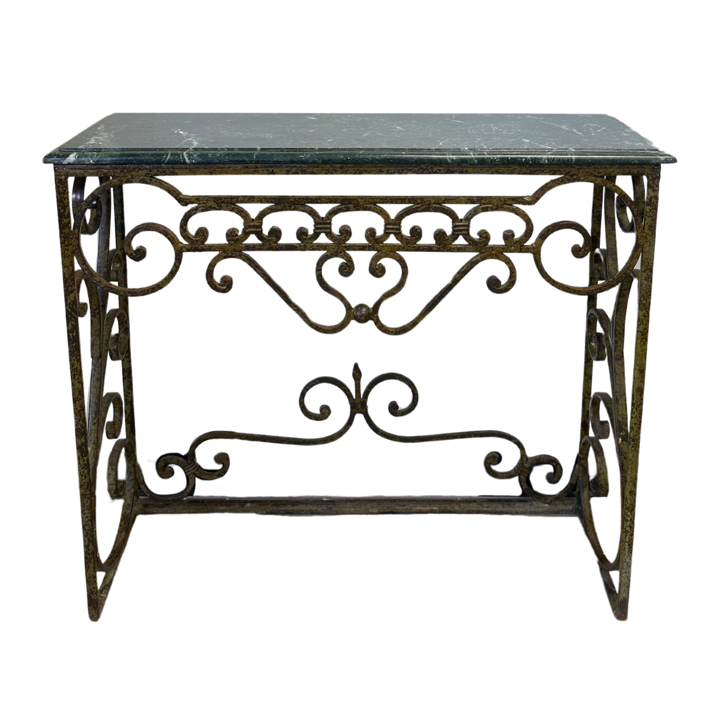 Pair of Iron Console Tables with Green Marble Tops