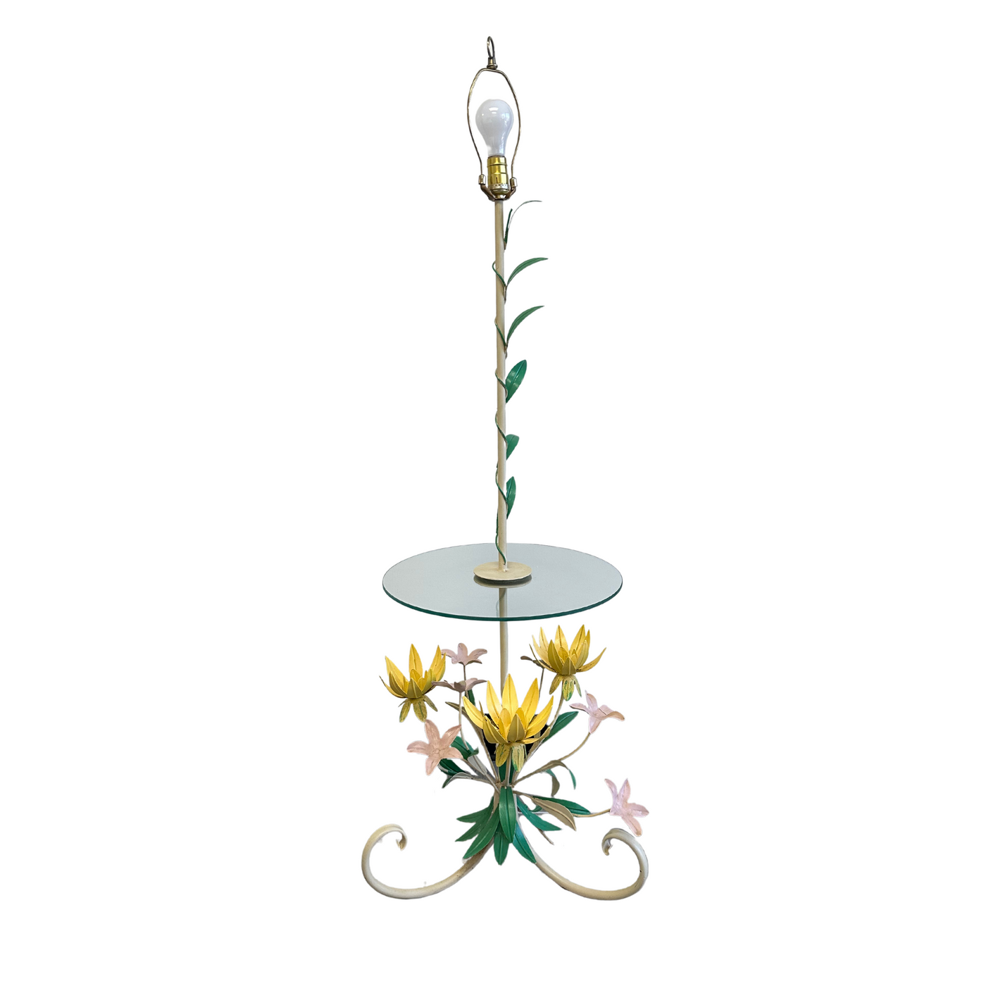 Vintage Floral Tole Floor Lamp with Table