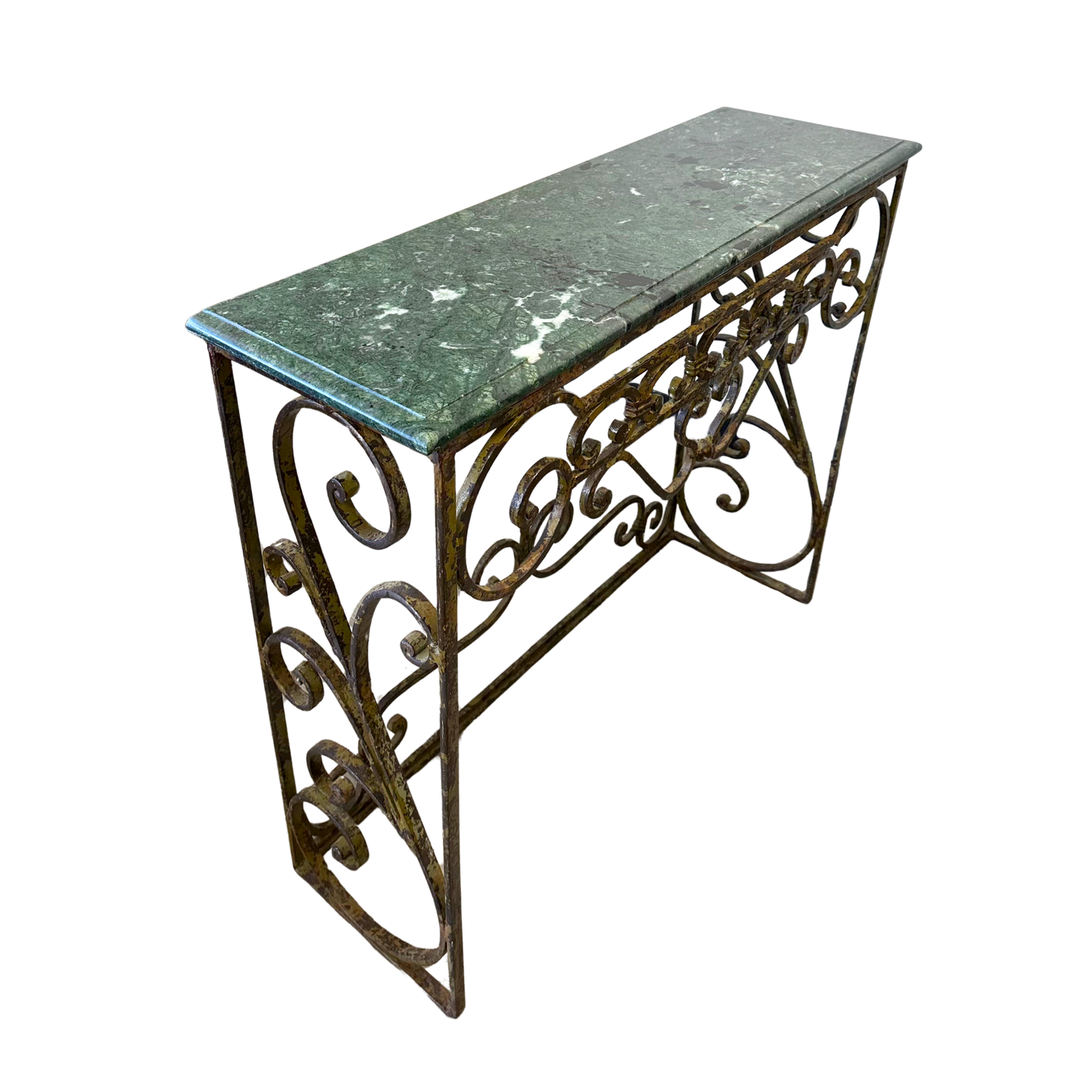 Pair of Iron Console Tables with Green Marble Tops