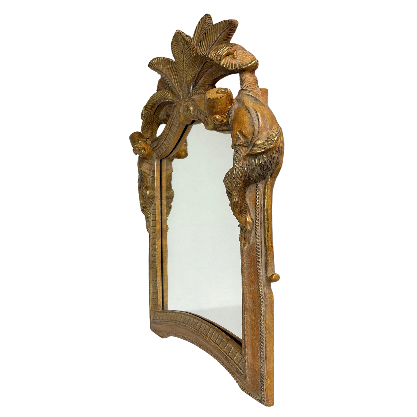 Carved Wood Chinoiserie Monkey and Palm Mirror