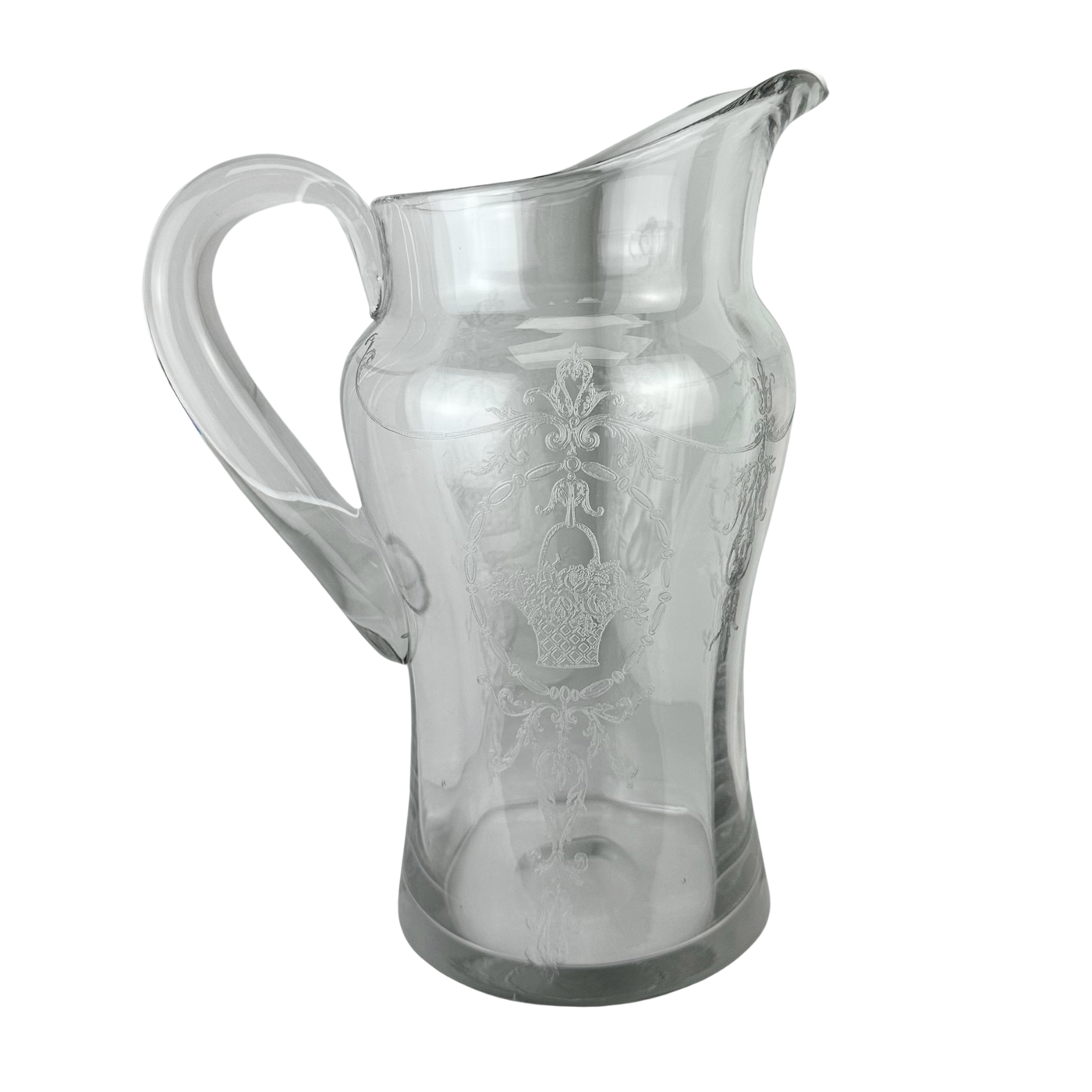 Antique Needle Etched Tiffin Pitcher and Coupes, Set of 5