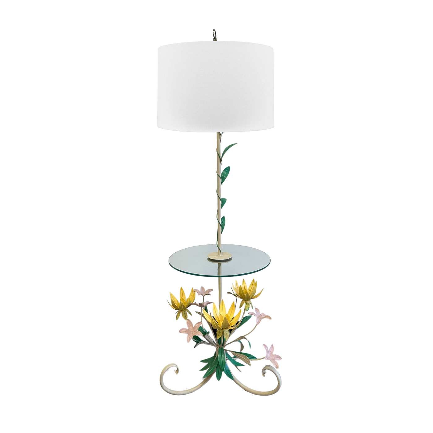 Vintage Floral Tole Floor Lamp with Table