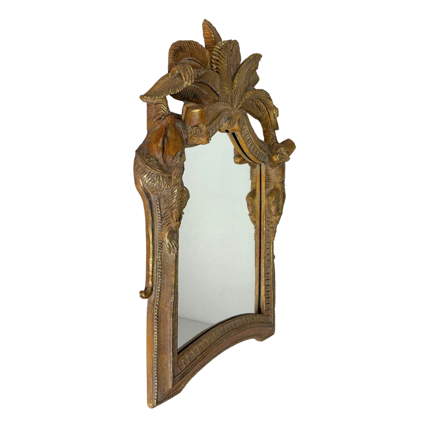 Carved Wood Chinoiserie Monkey and Palm Mirror