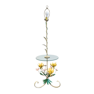 Vintage Floral Tole Floor Lamp with Table