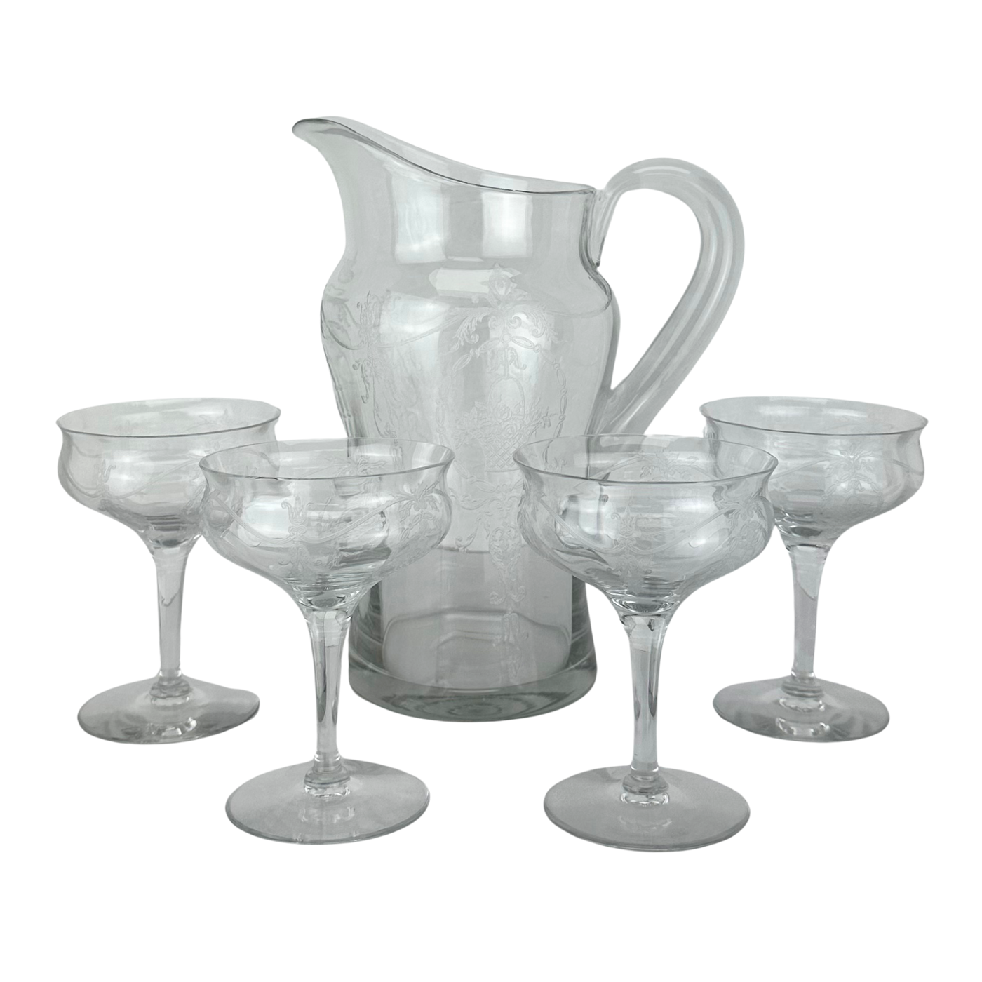 Antique Needle Etched Tiffin Pitcher and Coupes, Set of 5