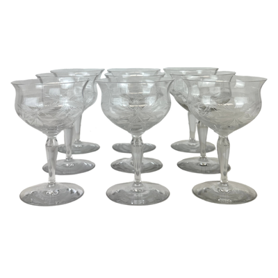 Vintage Engraved Crystal Coupes, Set of 9