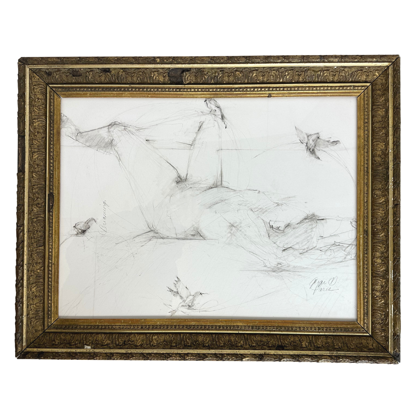 Original Work 'Framed Nude Sketch' by Gigi Davis with Antique Frame