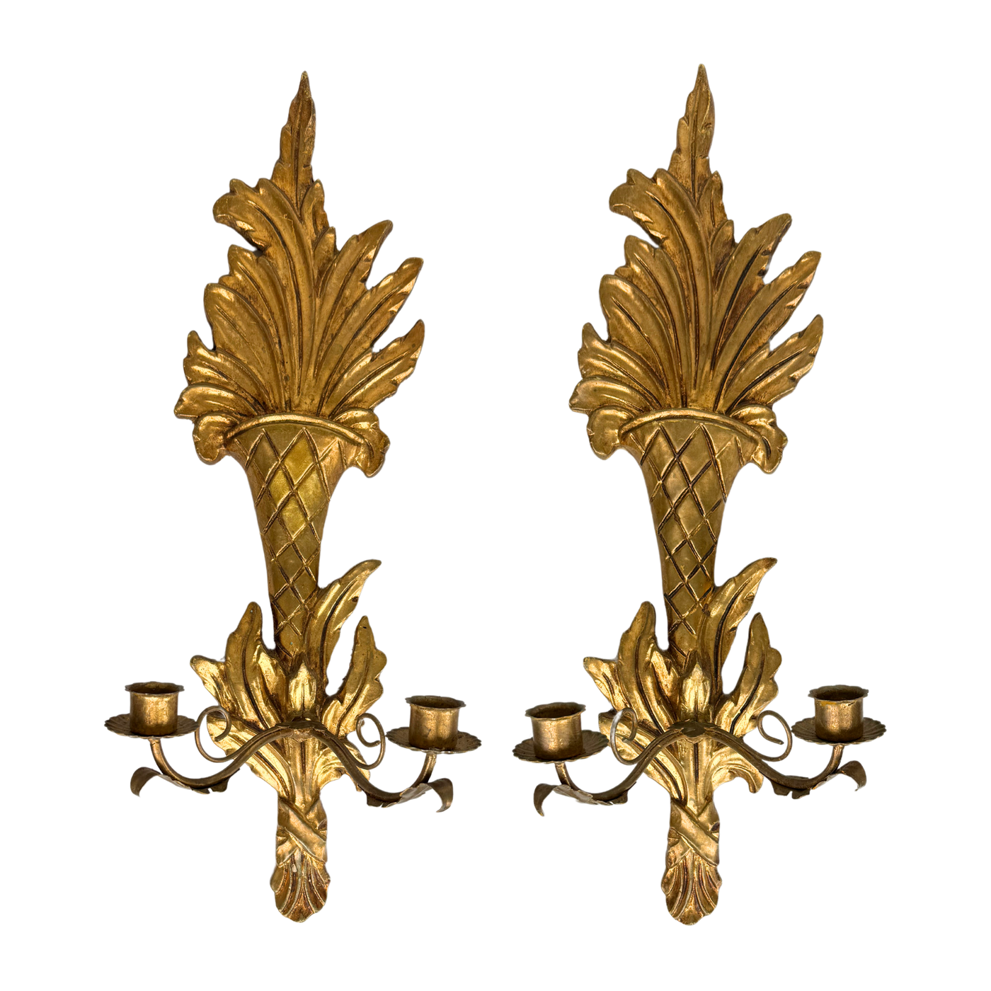 Pair of Vintage Italian Gilded Wall Sconce Candlestick Holders