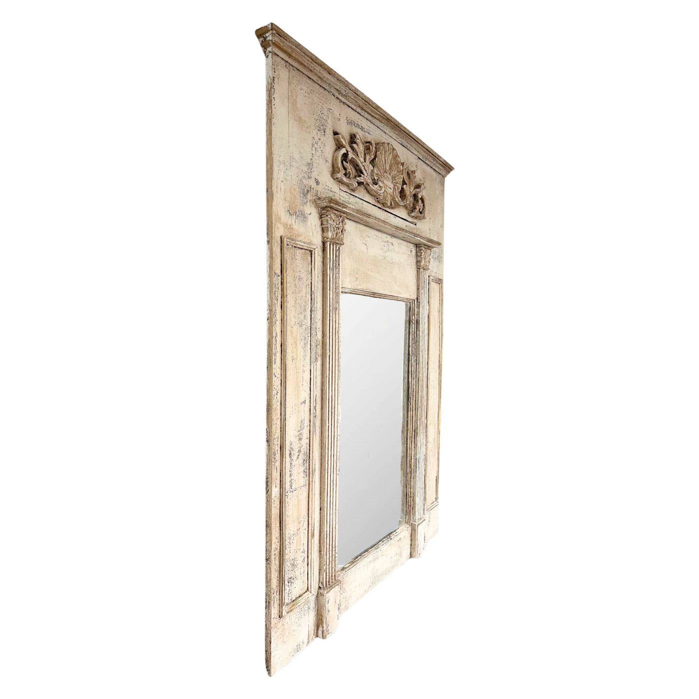 Large Distressed Trumeau Mirror with Column and Shell Motif