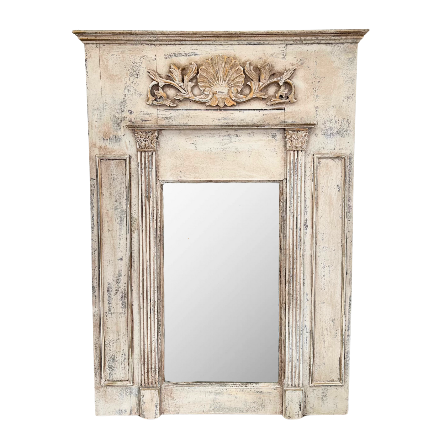 Large Distressed Trumeau Mirror with Column and Shell Motif