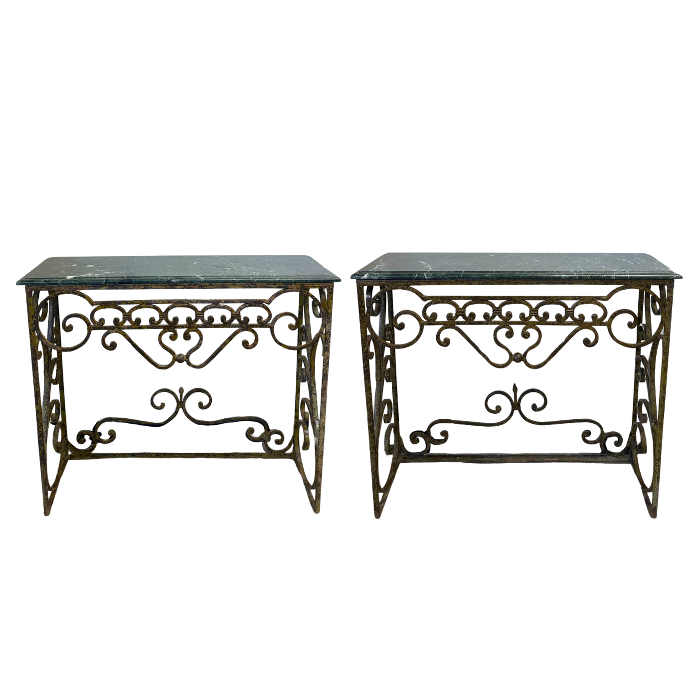 Pair of Iron Console Tables with Green Marble Tops