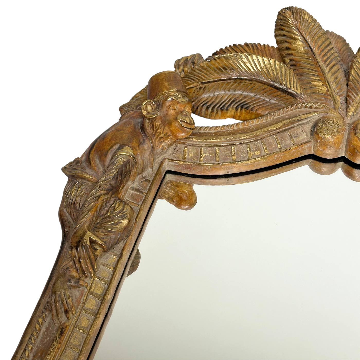 Carved Wood Chinoiserie Monkey and Palm Mirror