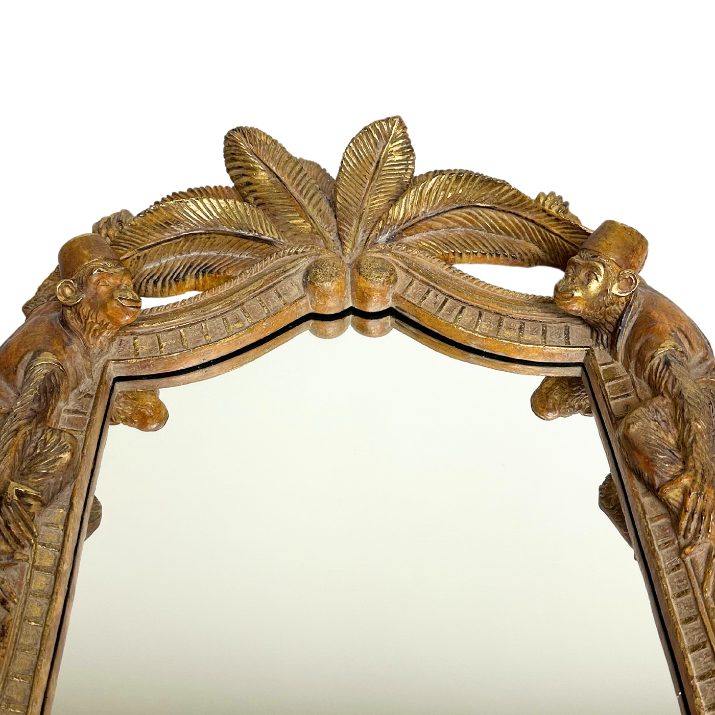 Carved Wood Chinoiserie Monkey and Palm Mirror