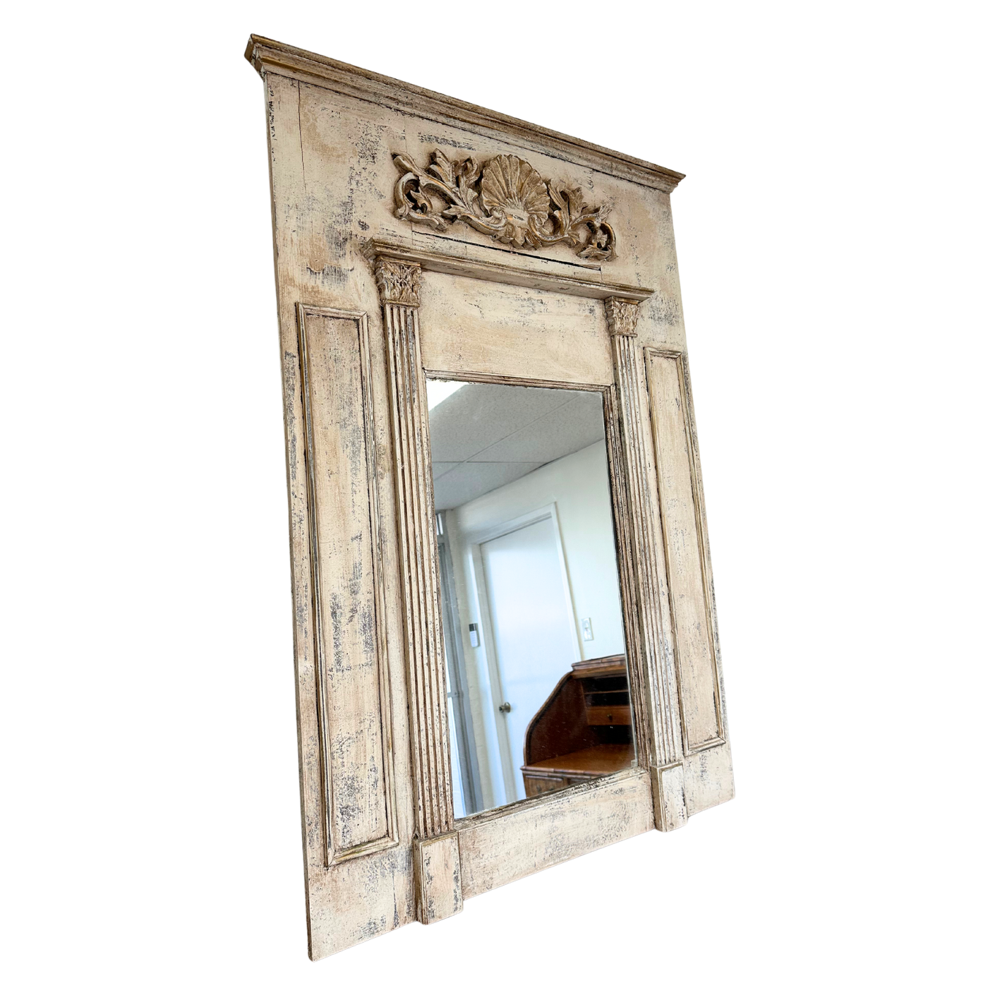 Large Distressed Trumeau Mirror with Column and Shell Motif