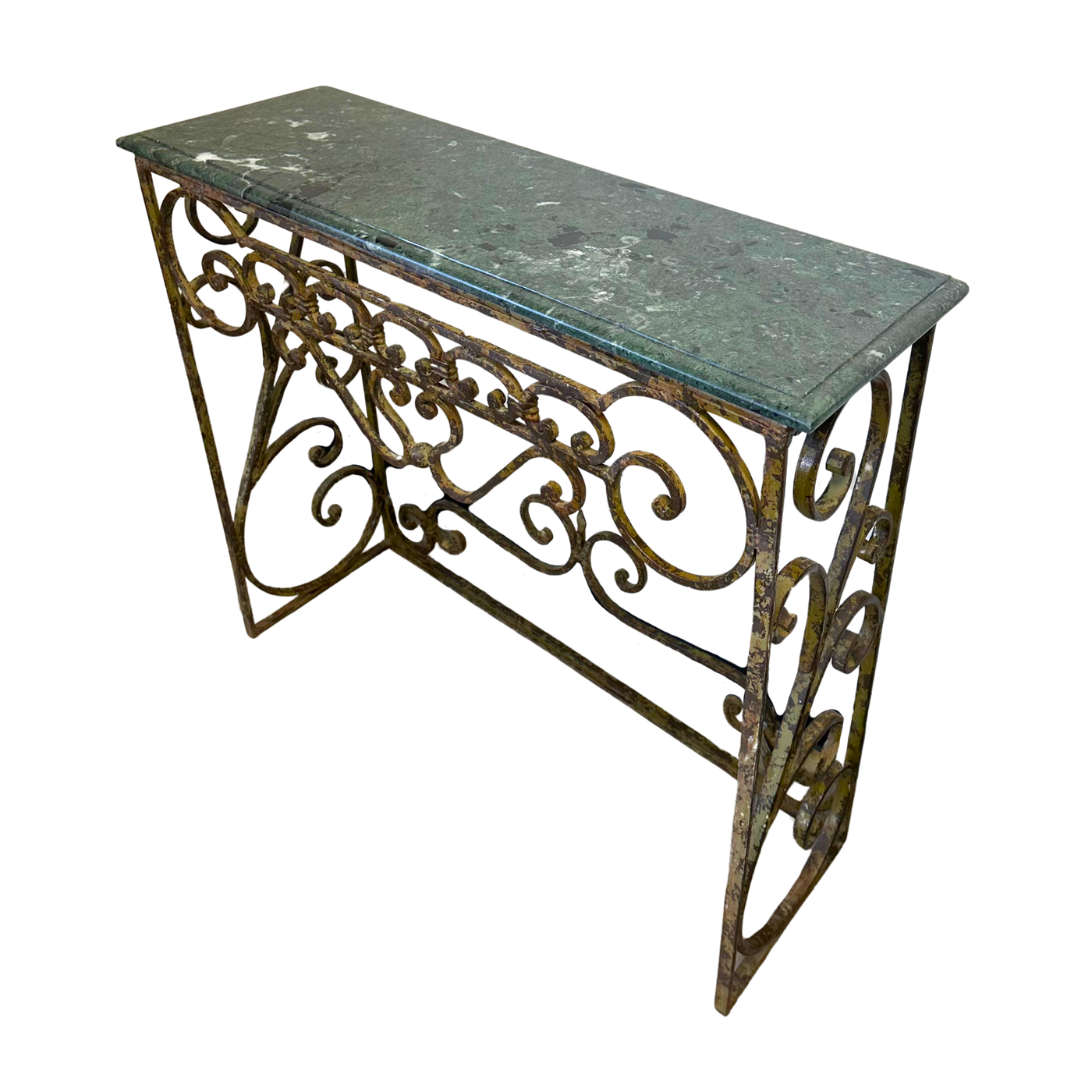 Pair of Iron Console Tables with Green Marble Tops