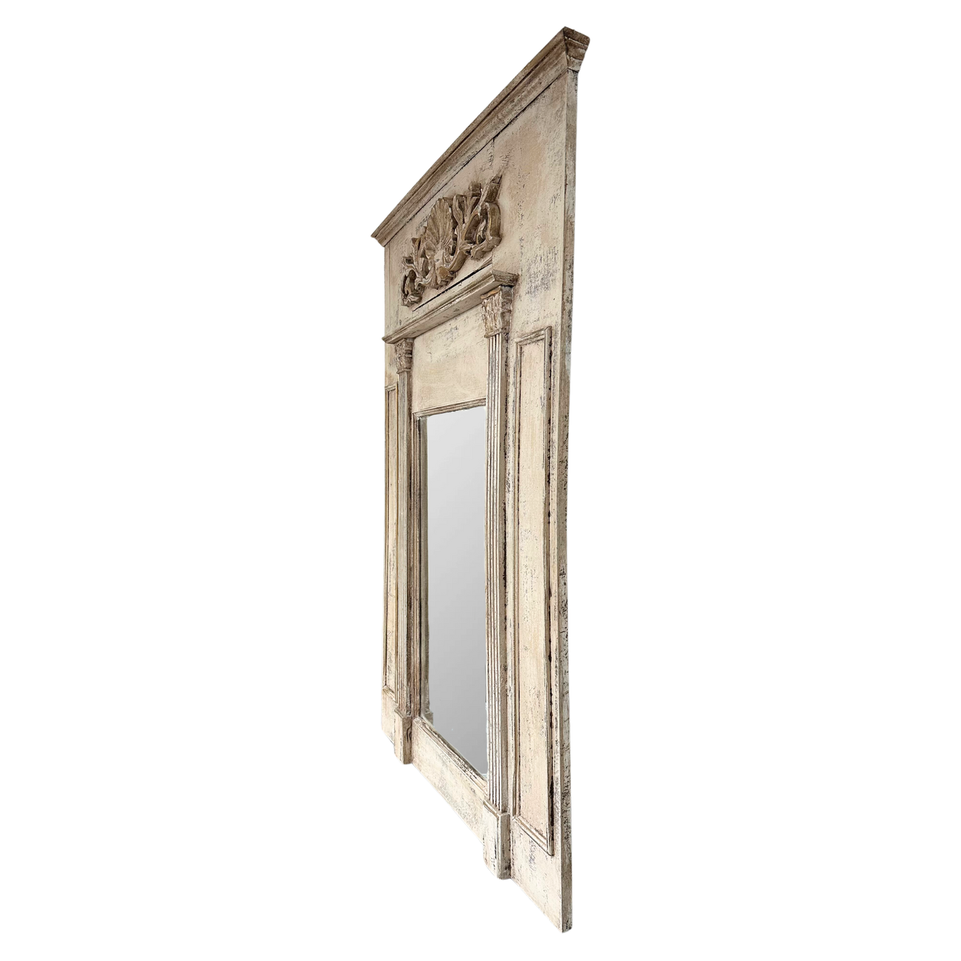 Large Distressed Trumeau Mirror with Column and Shell Motif