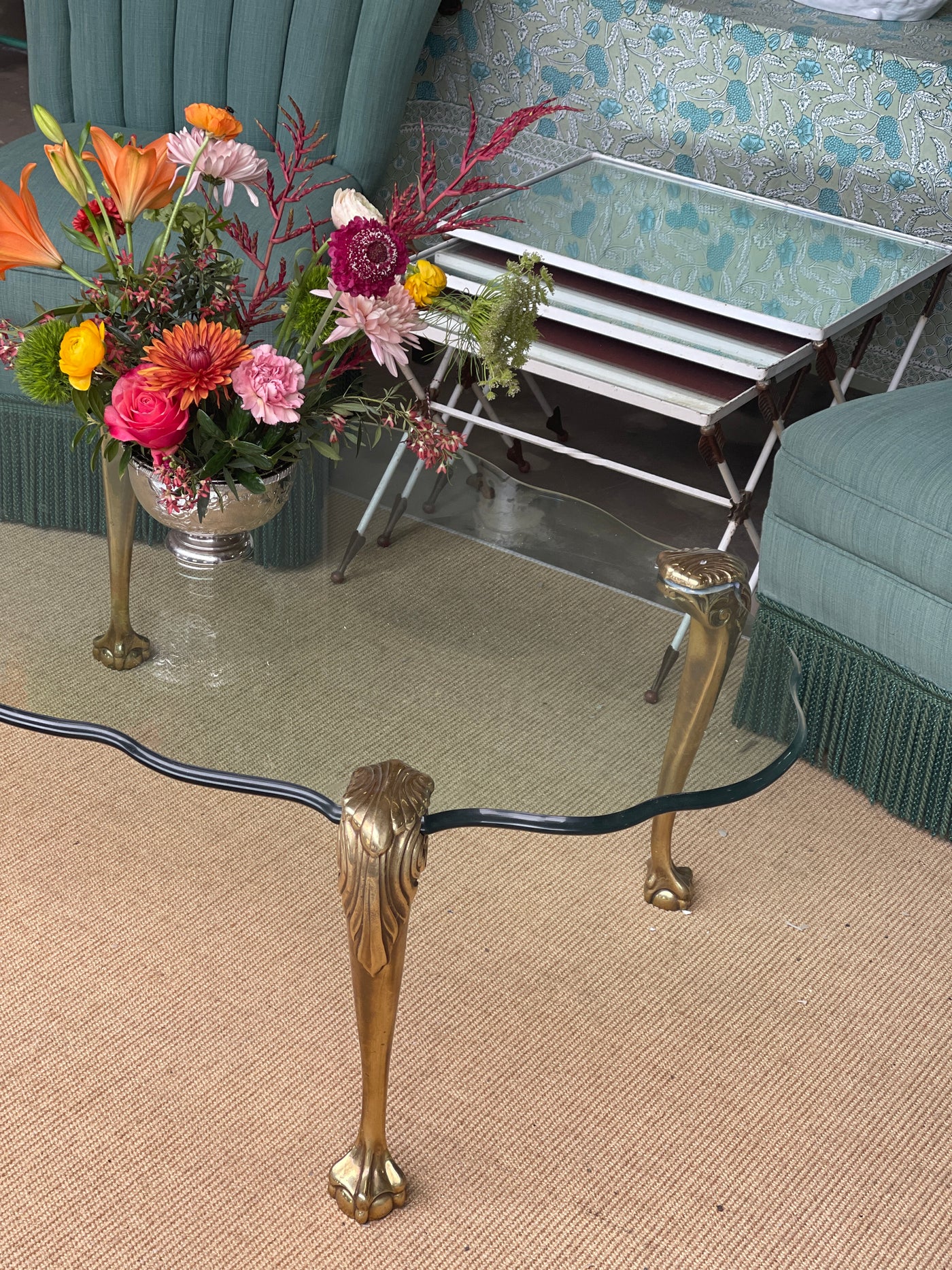 Vintage Italian Brass Clawfoot Coffee Table with Scalloped Bevelled Edge