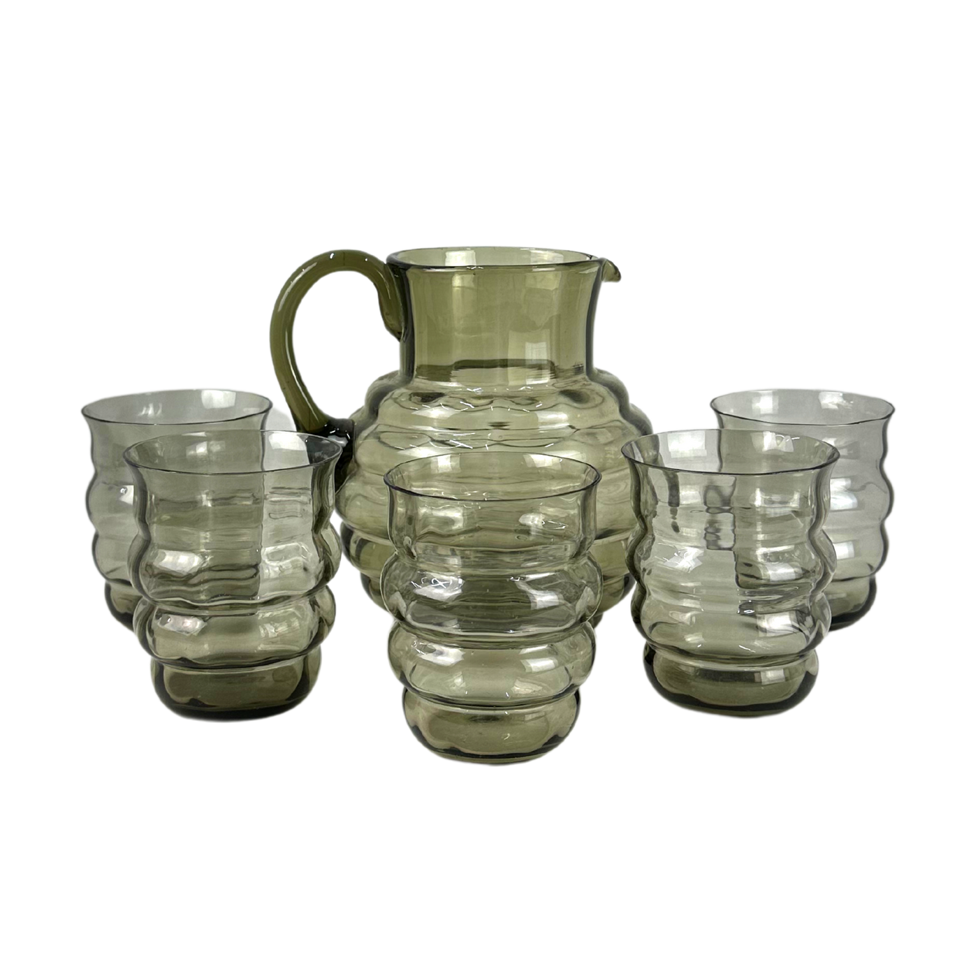 Vintage Smoked Glass Pitcher and 5 Glasses