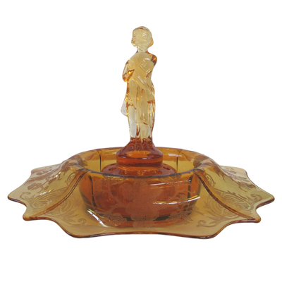 Rare Cambridge 1928 Amber "Draped Lady" Flower Frog and Crystal Bowl