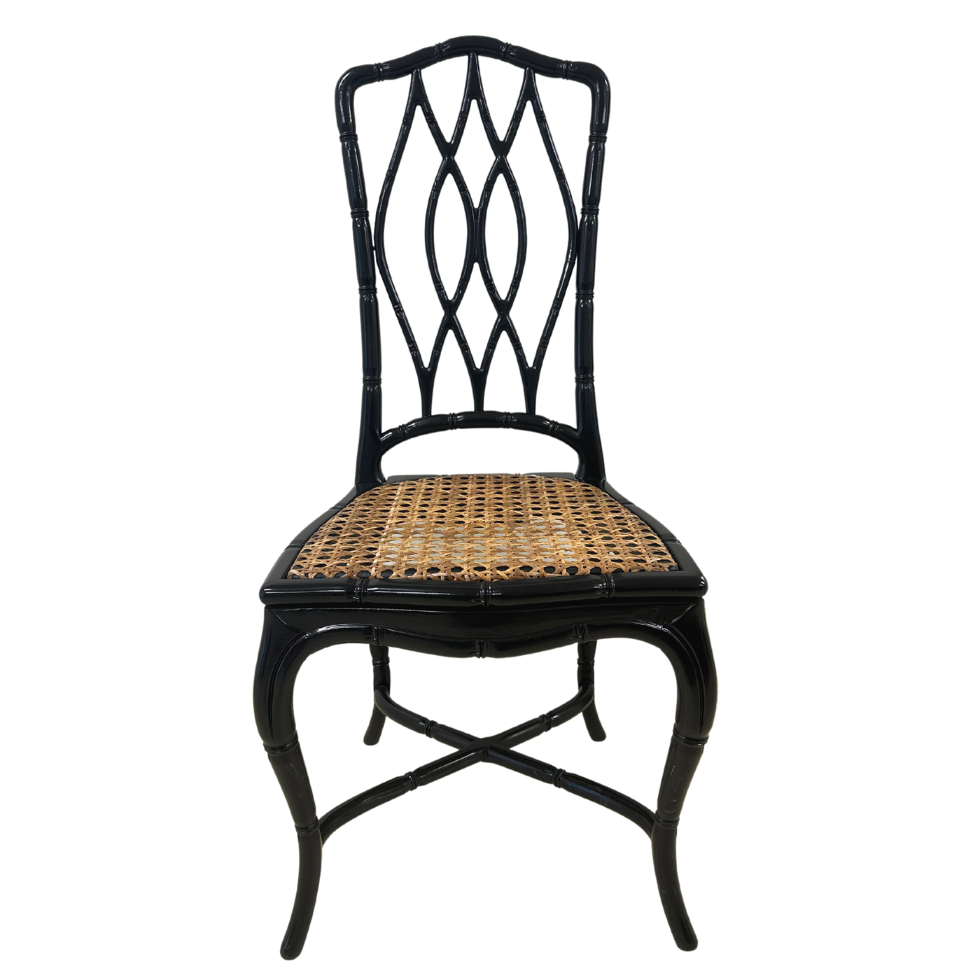 Pair of Vintage French Faux Bamboo and Cane High Back Chairs