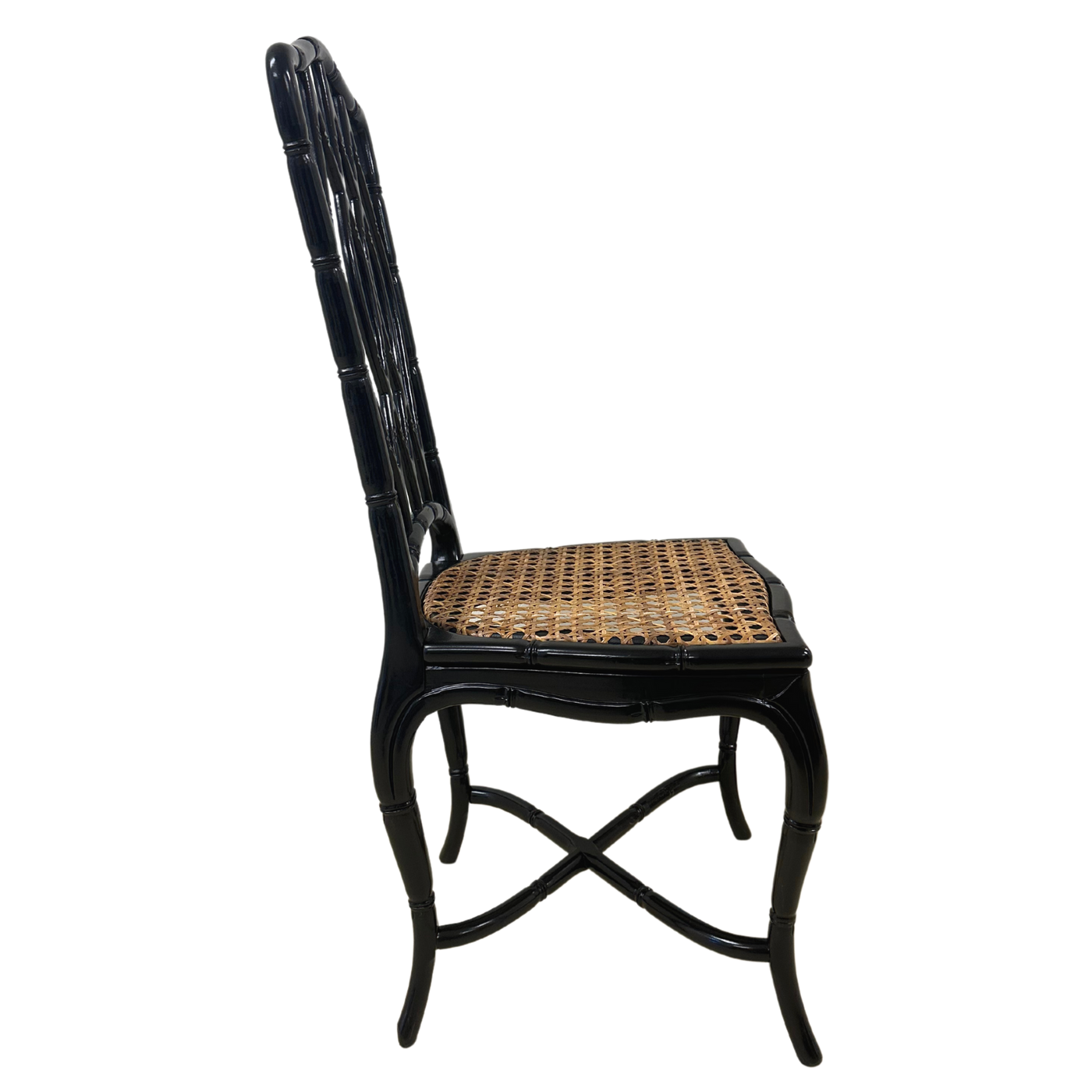 Pair of Vintage French Faux Bamboo and Cane High Back Chairs