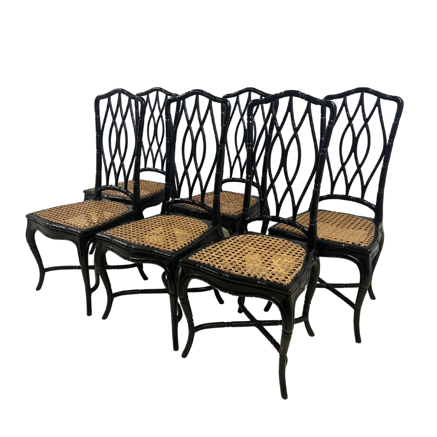 Pair of Vintage French Faux Bamboo and Cane High Back Chairs