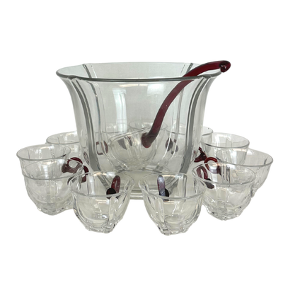 Vintage Duncan & Miller Punch Bowl with 11 Red Handled Cups