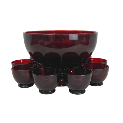 Vintage Anchor Hocking Ruby Red Punch Bowl and Stand with 15 Cups